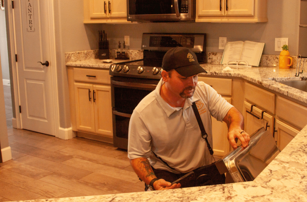 Apex Sight Solutions owner Rob inspecting the kitchen appliances