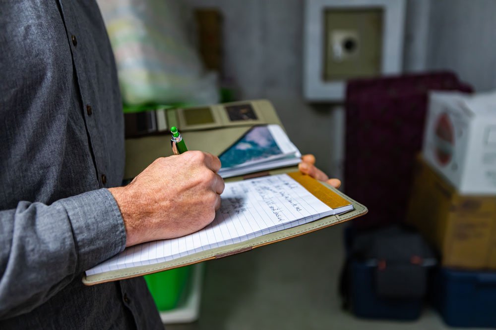 Inspection with a man writing down notes during a home inspection for Apex Sight Solutions