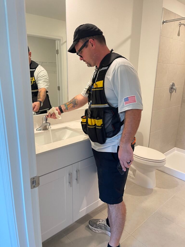 Rob doing a sink check inside a bathroom during a professional home inspection done by apex sight solutions